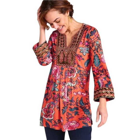 New Soft Surroundings Samara Embroidered Tunic Coverup Summer Top Sequined Large - Picture 2 of 10